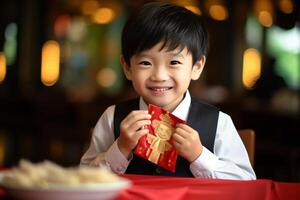 AI generated chinese young boy wearing traditional suit and holding aungpao bokeh style background with generative ai photo