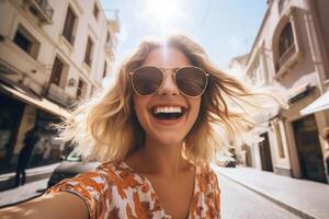 AI generated woman taking selfie in the big city with generative ai photo