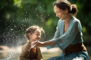 AI generated mom playing water with daughter at songkran day with generative ai photo