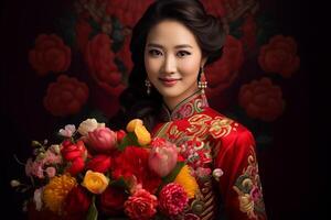 ai generado hermosa chino novia en tradicional Boda vestir y flor con generativo ai foto