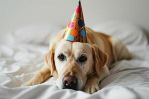 ai generado un perro vistiendo un cumpleaños sombrero con generativo ai foto