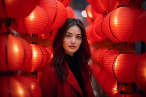 AI generated beautiful chinese woman celebrate at chinese lantern festival bokeh style background with generative ai photo