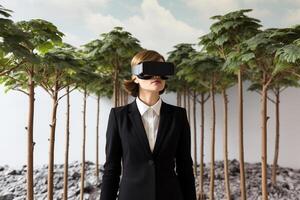 AI generated businesswoman wearing vr glasses looking at nature view with generative ai photo