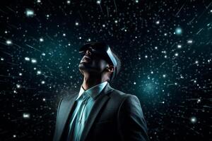 AI generated businessman wearing vr glasses looking at the night sky star with generative ai photo