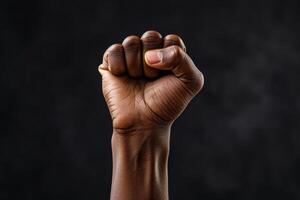 AI generated black skin hand raised fist with generative ai photo