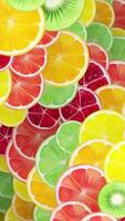 Vertical video - vibrant Colorful fresh fruit slices motion background in the style of an oil painting. Fruits include orange, lemon, lime, grapefruit, pomegranate and kiwi.