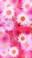 Vertical video - beautiful Summer nature floral motion background animation in the style of an oil painting with gently moving white daisy flowers and pink and red gerbera daisies in full bloom.