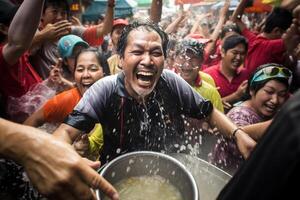 ai generado tailandés hombre jugando agua en Songkran festival bokeh estilo antecedentes con generativo ai foto