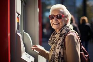 AI generated an old woman using an atm machine bokeh style background with generative ai photo