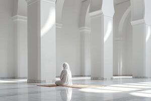 AI generated muslim woman praying in the masjid with generative ai photo