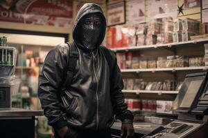 AI generated Thief robbing supermarket bokeh style background with generative ai photo