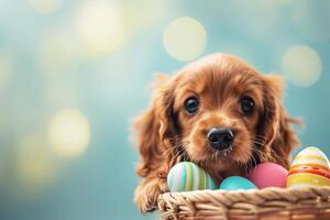 ai generado un linda perrito con vistoso pastel Pascua de Resurrección huevos cesta bokeh estilo antecedentes con generativo ai foto