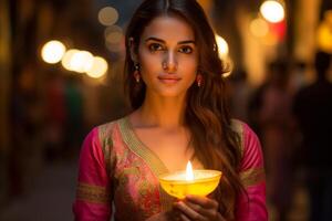 AI generated indian woman holding a candle bokeh style background with generative ai photo