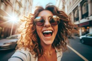 AI generated woman taking selfie in the big city with generative ai photo
