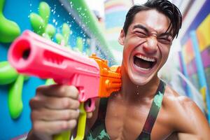 ai generado un hombre jugando agua pistola a Songkran día con generativo ai foto