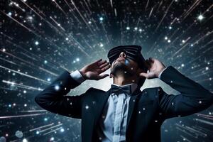 AI generated businessman wearing vr glasses looking at the night sky star with generative ai photo