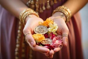 AI generated close up of indian girl hand holding flower with generative ai photo