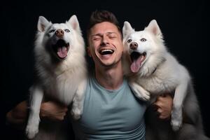 AI generated young man laughing with two huskies dogs with generative ai photo