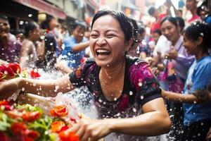 AI generated thai woman playing water in songkran festival bokeh style background with generative ai photo