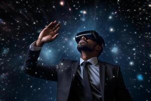 AI generated businessman wearing vr glasses looking at the night sky star with generative ai photo