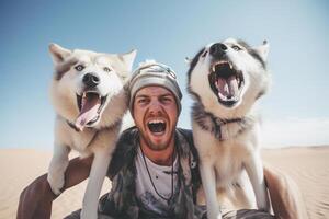 ai generado joven hombre riendo con dos perros esquimales perros con generativo ai foto