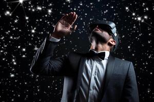 AI generated businessman wearing vr glasses looking at the night sky star with generative ai photo
