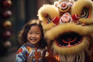 AI generated chinese dragon dance with young girl kid with generative ai photo