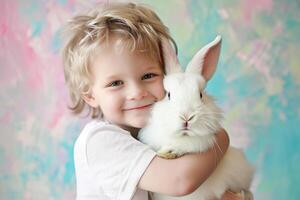 AI generated young boy kid cuddling a cute bunny with generative ai photo