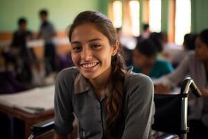 AI generated young indian disabled girl sitting on wheelchair bokeh style background  with generative ai photo