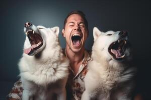 ai generado joven hombre riendo con dos perros esquimales perros con generativo ai foto