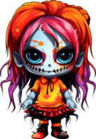 ai genererad skrämmande halloween chibi flicka i ljus färger, på transparent bakgrund, för t-shirt eller klistermärke design redo till skriva ut png