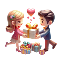 AI generated Cartoon-style man giving present to  woman on PNG background.