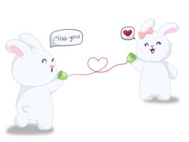 Cartoon rabbit talking on the phone and heart shaped line of valentines day element png