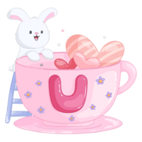 Cartoon rabbit climbing stairs and heart in coffee cup, element valentine day png