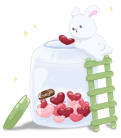 Cartoon rabbit is climbing a glass jar and putting a heart of valentine day element png