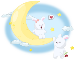 Cartoon rabbit girl sitting on the moon and rabbit boy clinging to the moon of valentine day concept png