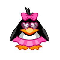 Cute cartoon penguin girl wearing pink hair bow, glasses and skirt. png