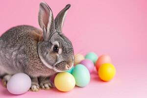 ai generado Pascua de Resurrección conejito con vistoso huevos pastel estilo con generativo ai foto