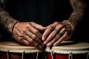 AI generated close up of hands playing drum bokeh style background with Generated AI photo