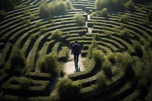 ai generado empresario caminando en el laberinto de arbustos con generativo ai foto