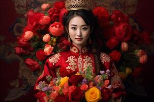 AI generated beautiful chinese bride in traditional wedding dress and flower with generative ai photo