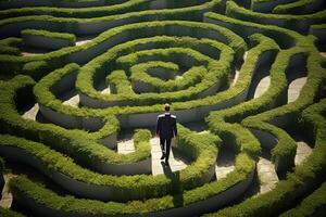 AI generated businessman walking in the maze of bushes with generative ai photo