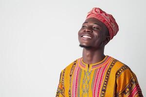 ai generado hermosa africano masculino modelo vistiendo tradicional ropa con generativo ai foto