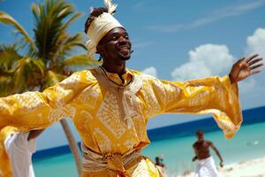 ai generado africano hombre en el tradicional ropa bailando en el playa con generativo ai foto