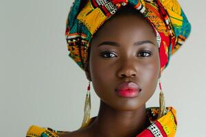 ai generado hermosa africano hembra modelo vistiendo tradicional vestir con generativo ai foto