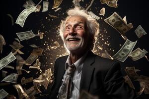 AI generated a happy old man with money flying in the air with generative ai photo