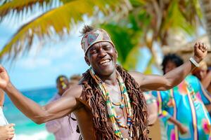 ai generado africano hombre en el tradicional ropa bailando en el playa bokeh estilo antecedentes con generativo ai foto