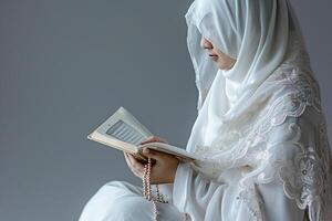 AI generated muslim woman praying with quran with generative ai photo