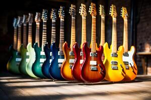 AI generated several of electric guitars bokeh style background with Generative AI photo