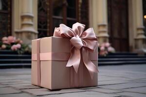 AI generated a gift box in front of the house bokeh style background with Generated AI photo